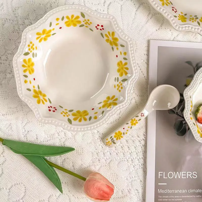 Винтажная тарелка с мелким бисерным узором, керамический набор посуды4