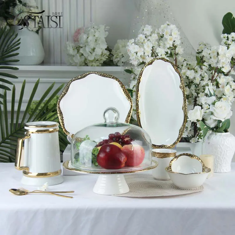 Набор посуды с позолоченным краем — тарелки для фруктов, десертов, рыбы, стейков, западной кухни, чашки и блюдца (1)