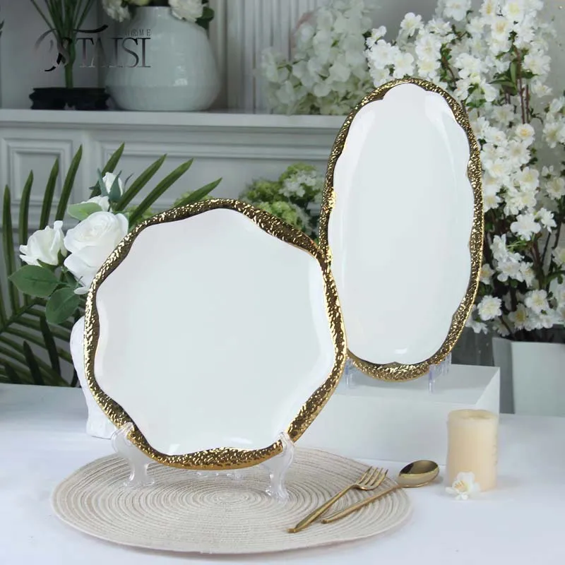 Набор посуды с позолоченным краем — тарелки для фруктов, десертов, рыбы, стейков, западной кухни, чашки и блюдца (3)